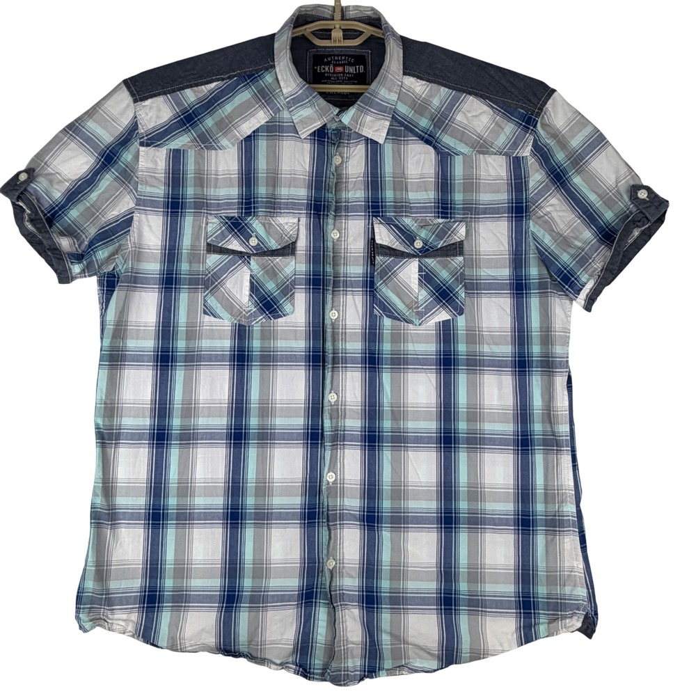 Ecko Unltd Button Down Shirt Mens 2XL Plaid Short Sleeve Western Cotton Blue